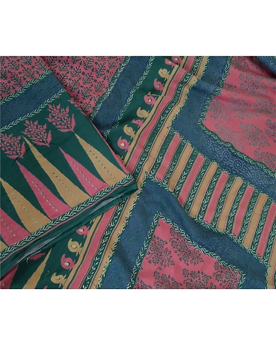 Sanskriti Vintage Pink Indian Sarees Art Silk Floral Printed Sari Craft Fabric, PR-57044-Pink &amp; Teal-Artificial Silk-2