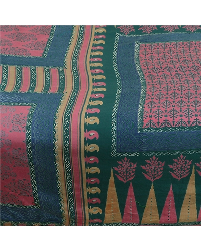 Sanskriti Vintage Pink Indian Sarees Art Silk Floral Printed Sari Craft Fabric, PR-57044-Pink &amp; Teal-Artificial Silk-3