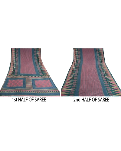 Sanskriti Vintage Pink Indian Sarees Art Silk Floral Printed Sari Craft Fabric, PR-57044-Pink &amp; Teal-Artificial Silk-4