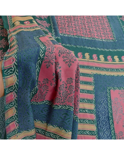 Sanskriti Vintage Pink Indian Sarees Art Silk Floral Printed Sari Craft Fabric, PR-57044-Pink &amp; Teal-Artificial Silk-5