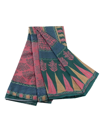 Sanskriti Vintage Pink Indian Sarees Art Silk Floral Printed Sari Craft Fabric, PR-57044-Pink &amp; Teal-Artificial Silk-6
