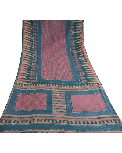 Sanskriti Vintage Pink Indian Sarees Art Silk Floral Printed Sari Craft Fabric, PR-57044-Pink &amp; Teal-Artificial Silk-7