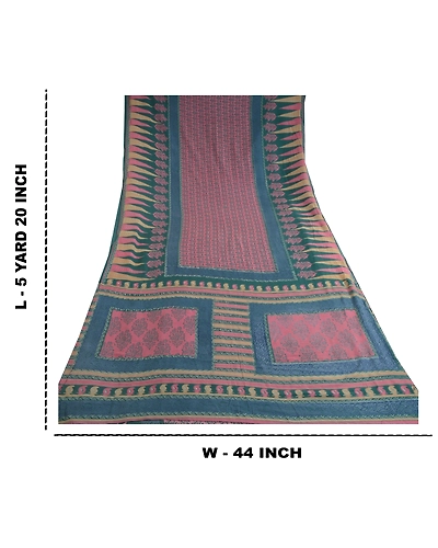 Sanskriti Vintage Pink Indian Sarees Art Silk Floral Printed Sari Craft Fabric, PR-57044-Pink &amp; Teal-Artificial Silk-8