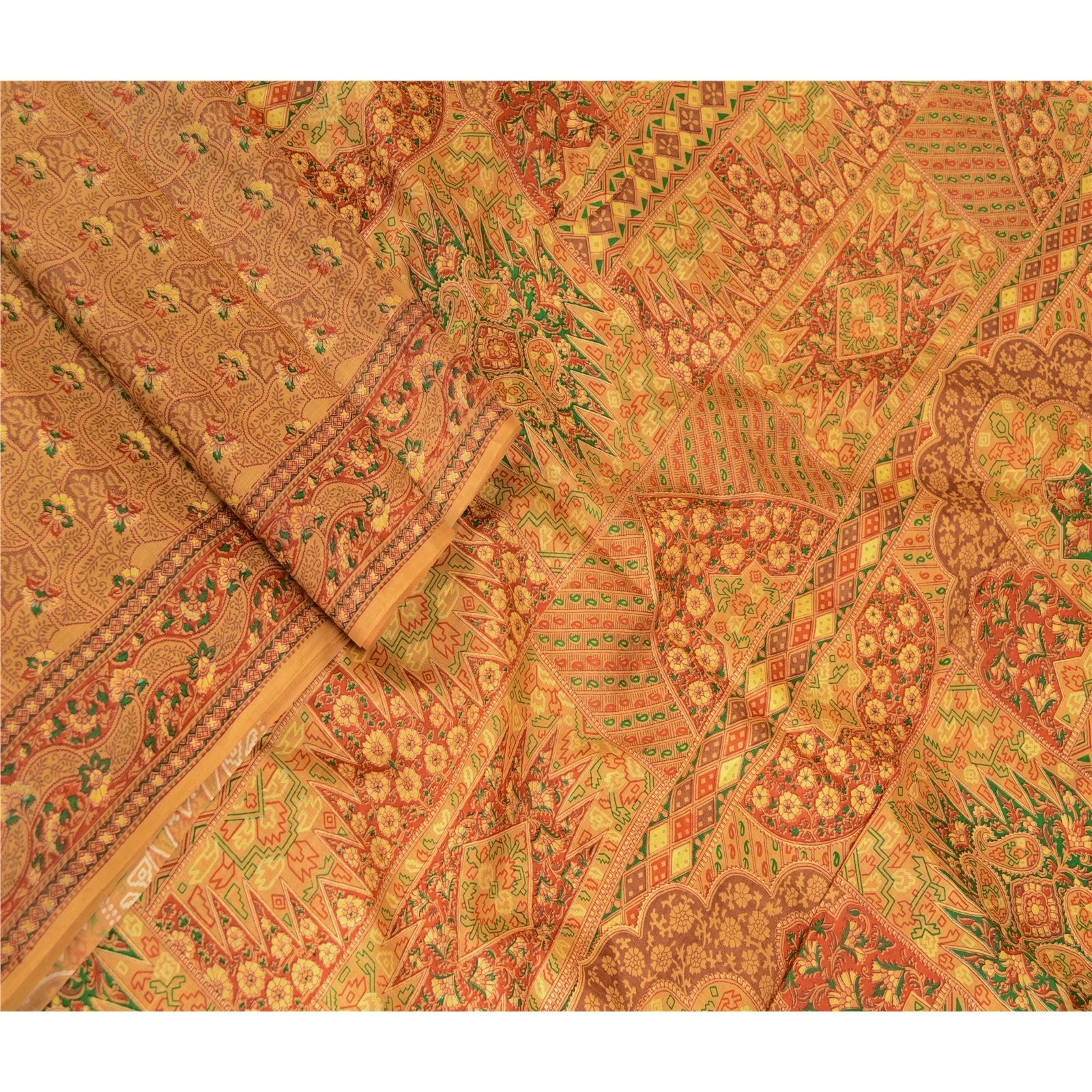 Sanskriti Vintage Mustard Indian Pure Silk Sarees Printed Sari 5Yd Craft Fabric, PR-57159-Mustard-Printed Floral Design-Pure Silk-1