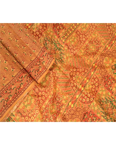 Sanskriti Vintage Mustard Indian Pure Silk Sarees Printed Sari 5Yd Craft Fabric, PR-57159-Mustard-Printed Floral Design-Pure Silk-1