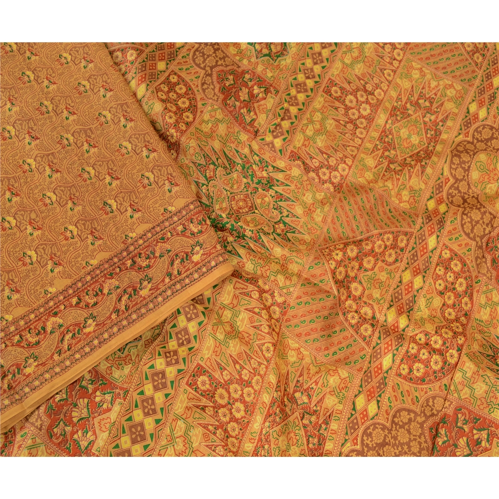 Sanskriti Vintage Mustard Indian Pure Silk Sarees Printed Sari 5Yd Craft Fabric, PR-57159-Mustard-Printed Floral Design-Pure Silk-2