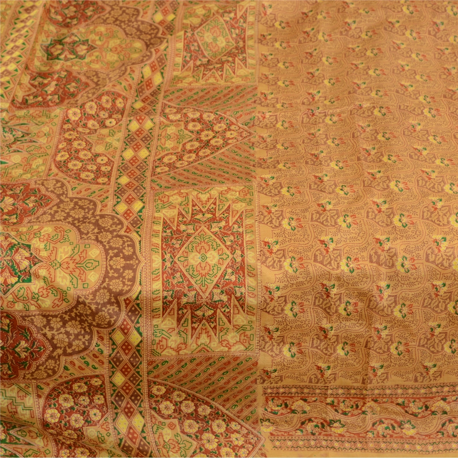 Sanskriti Vintage Mustard Indian Pure Silk Sarees Printed Sari 5Yd Craft Fabric, PR-57159-Mustard-Printed Floral Design-Pure Silk-3