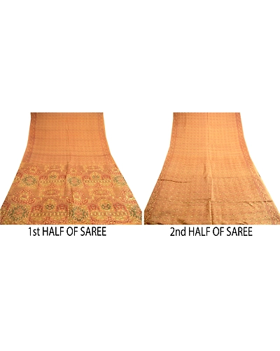 Sanskriti Vintage Mustard Indian Pure Silk Sarees Printed Sari 5Yd Craft Fabric, PR-57159-Mustard-Printed Floral Design-Pure Silk-4