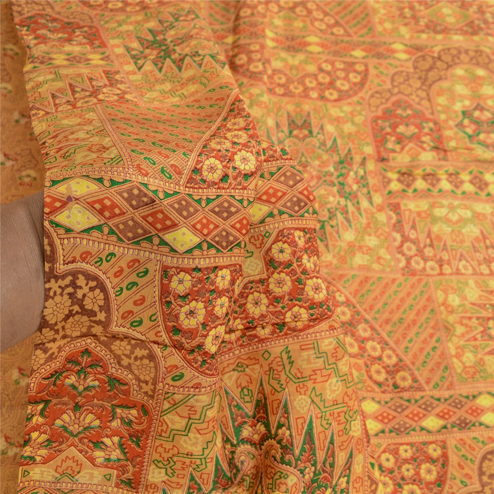 Sanskriti Vintage Mustard Indian Pure Silk Sarees Printed Sari 5Yd Craft Fabric, PR-57159-Mustard-Printed Floral Design-Pure Silk-5