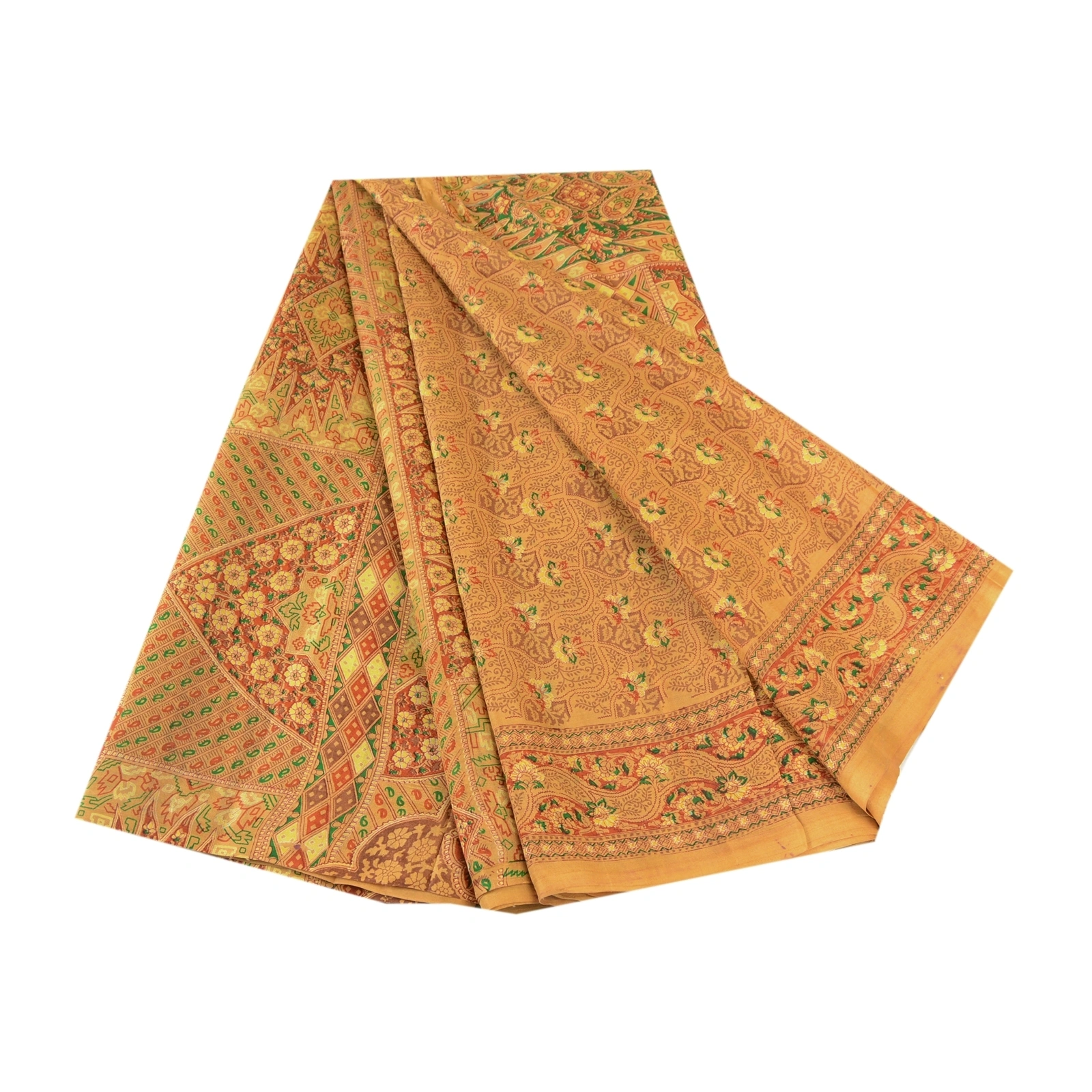 Sanskriti Vintage Mustard Indian Pure Silk Sarees Printed Sari 5Yd Craft Fabric, PR-57159-Mustard-Printed Floral Design-Pure Silk-6