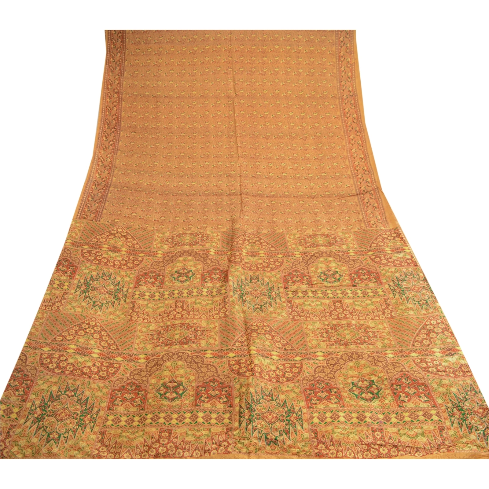 Sanskriti Vintage Mustard Indian Pure Silk Sarees Printed Sari 5Yd Craft Fabric, PR-57159-Mustard-Printed Floral Design-Pure Silk-7