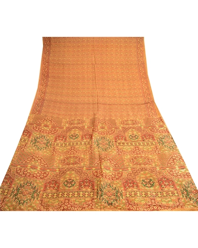 Sanskriti Vintage Mustard Indian Pure Silk Sarees Printed Sari 5Yd Craft Fabric, PR-57159-Mustard-Printed Floral Design-Pure Silk-7