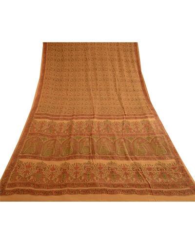Sanskriti Vintage Salted Caramel Pure Silk Sarees Printed Sari 5Yd Craft Fabric, PR-57181-Salted Caramel-Printed Floral Design-Pure Silk-7