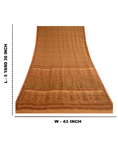 Sanskriti Vintage Salted Caramel Pure Silk Sarees Printed Sari 5Yd Craft Fabric, PR-57181-Salted Caramel-Printed Floral Design-Pure Silk-8