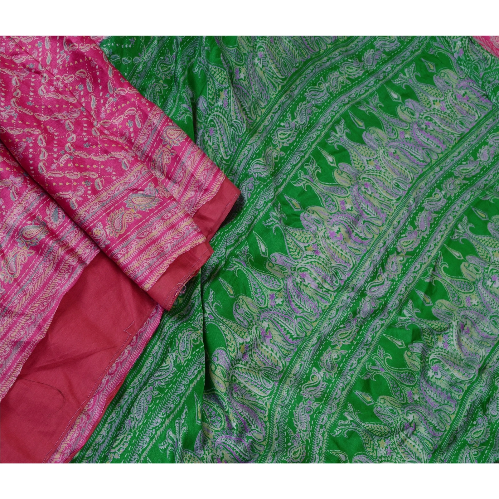 Sanskriti Vintage Pink Indian Pure Silk Sarees Printed Sari Floral Craft Fabric, PR-57203-Pink-Printed Floral Design-Pure Silk-1