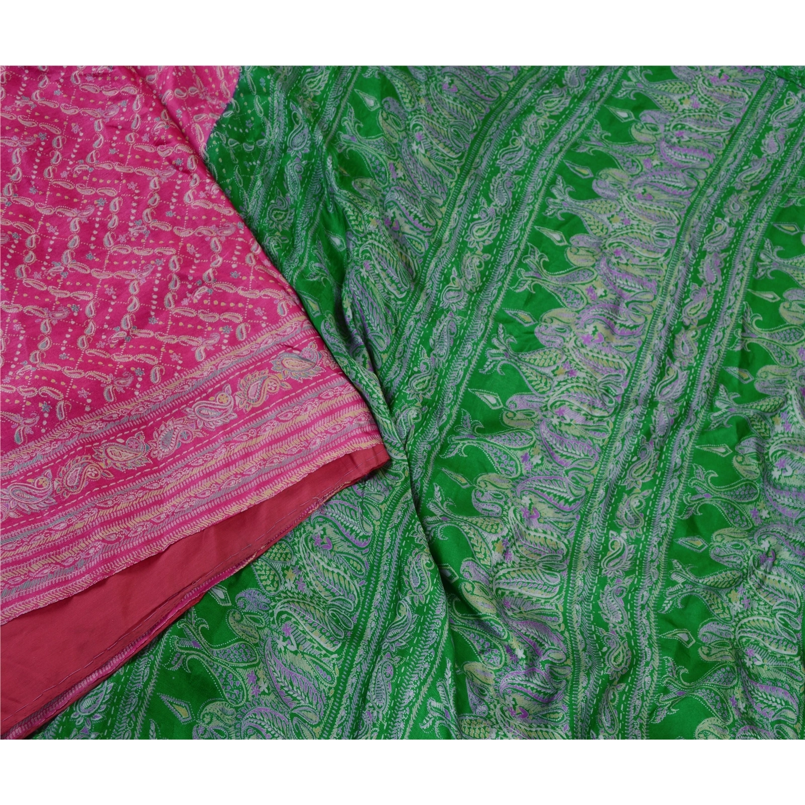 Sanskriti Vintage Pink Indian Pure Silk Sarees Printed Sari Floral Craft Fabric, PR-57203-Pink-Printed Floral Design-Pure Silk-2