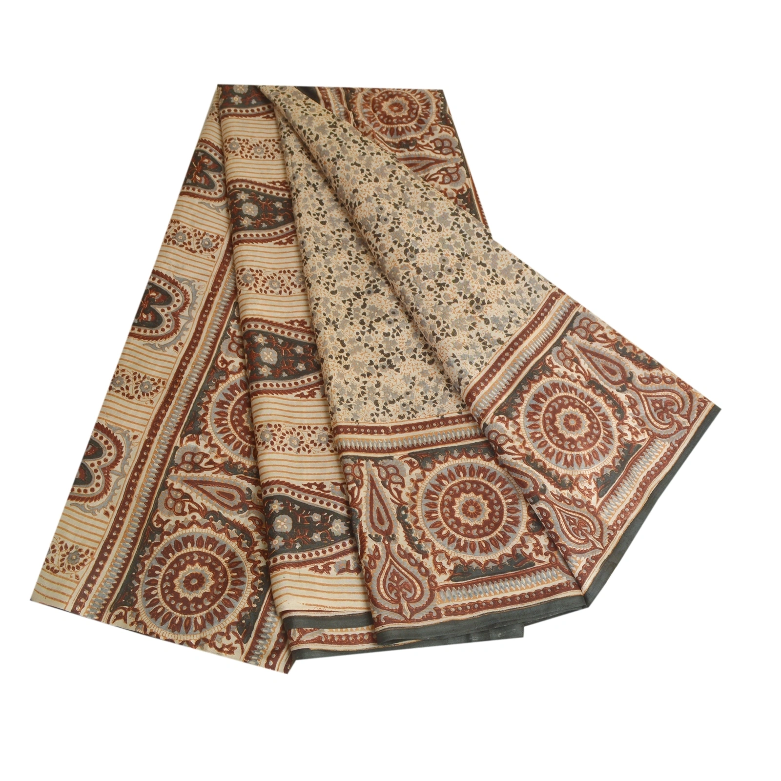 Sanskriti Vintage Brown Pure Silk Sarees Printed Sari Floral 5Yd Craft Fabric, PR-57280-Brown-Printed Floral Design-Pure Silk-6