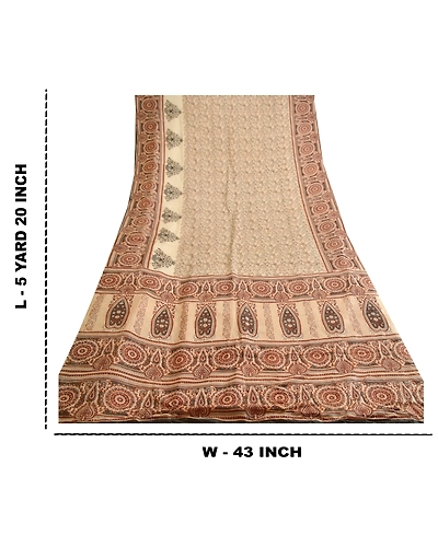 Sanskriti Vintage Brown Pure Silk Sarees Printed Sari Floral 5Yd Craft Fabric, PR-57280-Brown-Printed Floral Design-Pure Silk-8