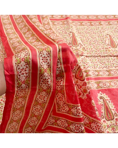 Sanskriti Vintage Red Indian Pure Silk Sarees Printed Sari Floral Craft Fabric, PR-57304-Red-Printed Floral Design-Pure Silk-5