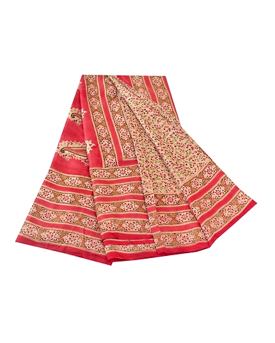 Sanskriti Vintage Red Indian Pure Silk Sarees Printed Sari Floral Craft Fabric, PR-57304-Red-Printed Floral Design-Pure Silk-6