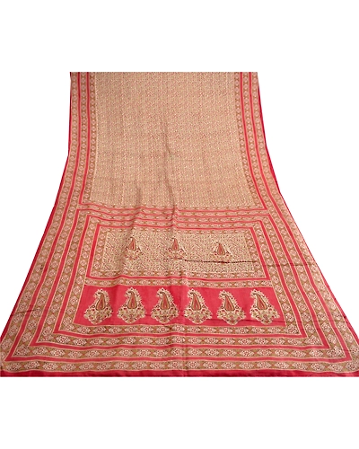 Sanskriti Vintage Red Indian Pure Silk Sarees Printed Sari Floral Craft Fabric, PR-57304-Red-Printed Floral Design-Pure Silk-7