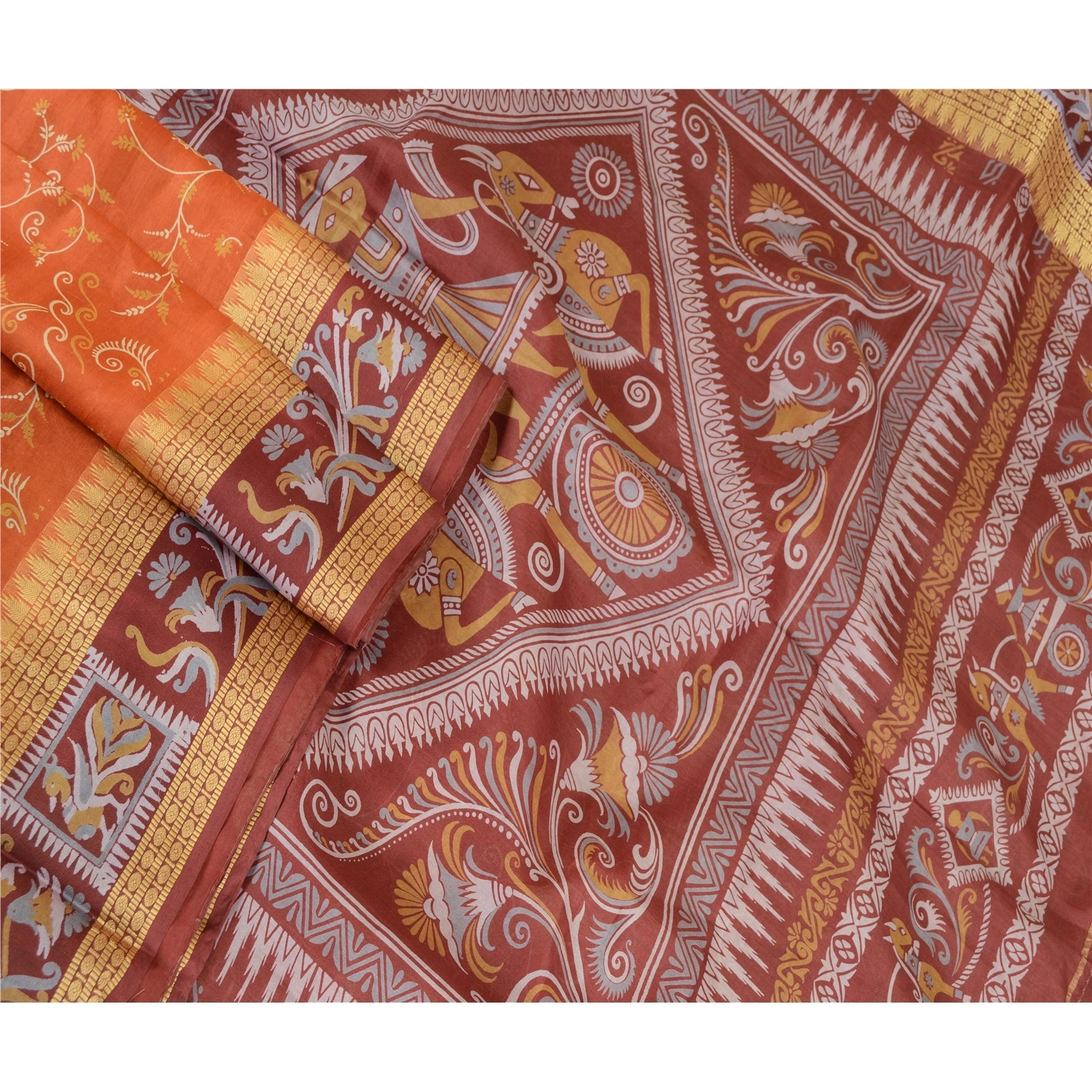 Sanskriti Vintage Orange Pure Silk Sarees Human Animal Printed Sari Craft Fabric, PR-57331-Orange-Printed Floral Design-Pure Silk-1