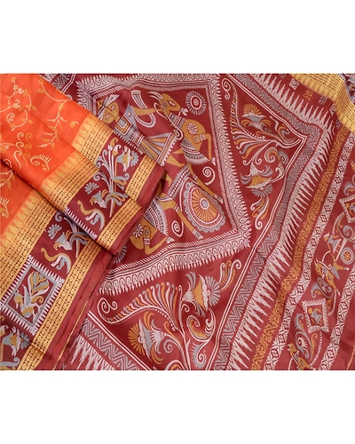Sanskriti Vintage Orange Pure Silk Sarees Human Animal Printed Sari Craft Fabric, PR-57331-Orange-Printed Floral Design-Pure Silk-1