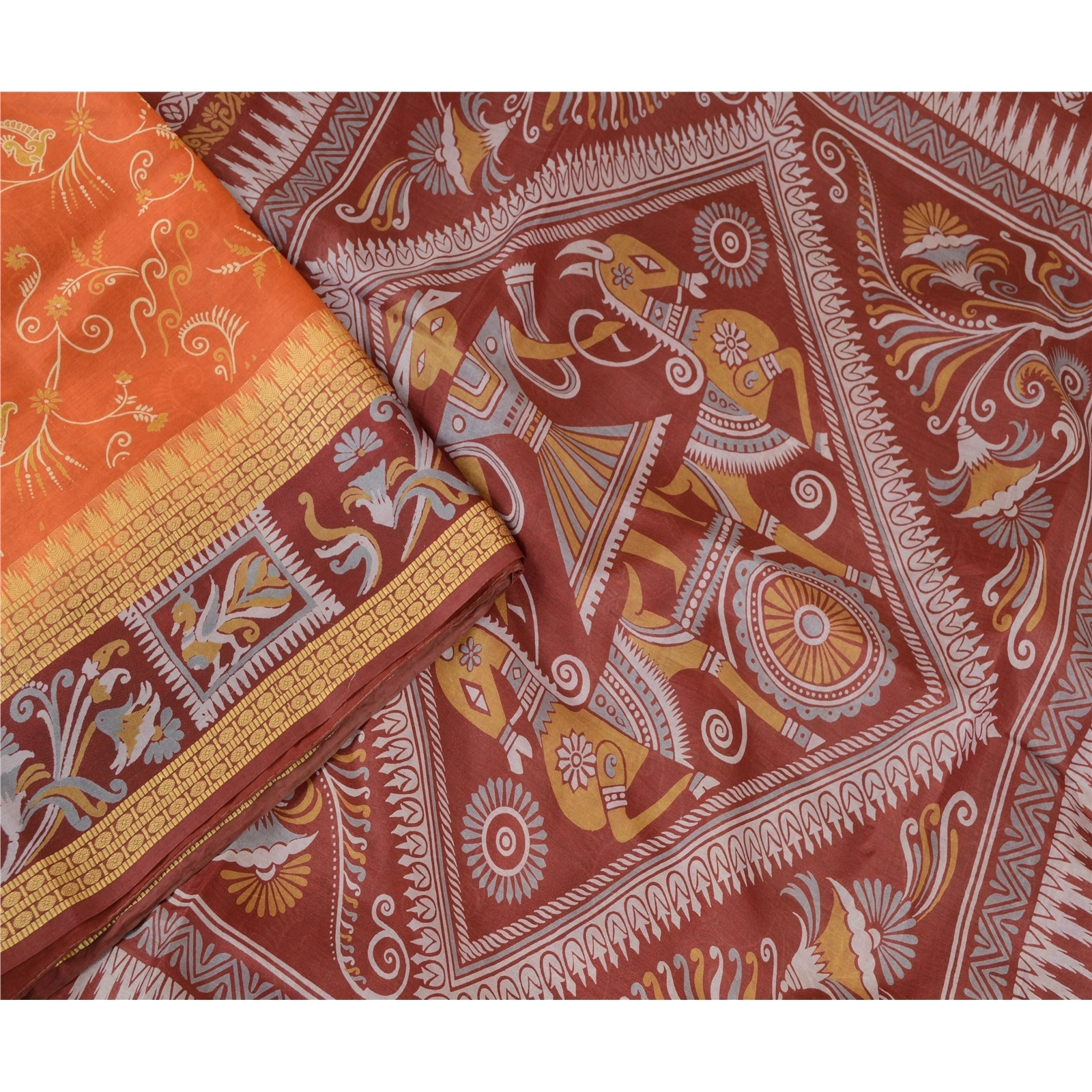 Sanskriti Vintage Orange Pure Silk Sarees Human Animal Printed Sari Craft Fabric, PR-57331-Orange-Printed Floral Design-Pure Silk-2