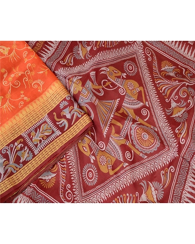 Sanskriti Vintage Orange Pure Silk Sarees Human Animal Printed Sari Craft Fabric, PR-57331-Orange-Printed Floral Design-Pure Silk-2