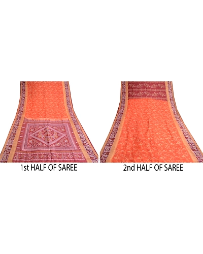 Sanskriti Vintage Orange Pure Silk Sarees Human Animal Printed Sari Craft Fabric, PR-57331-Orange-Printed Floral Design-Pure Silk-4