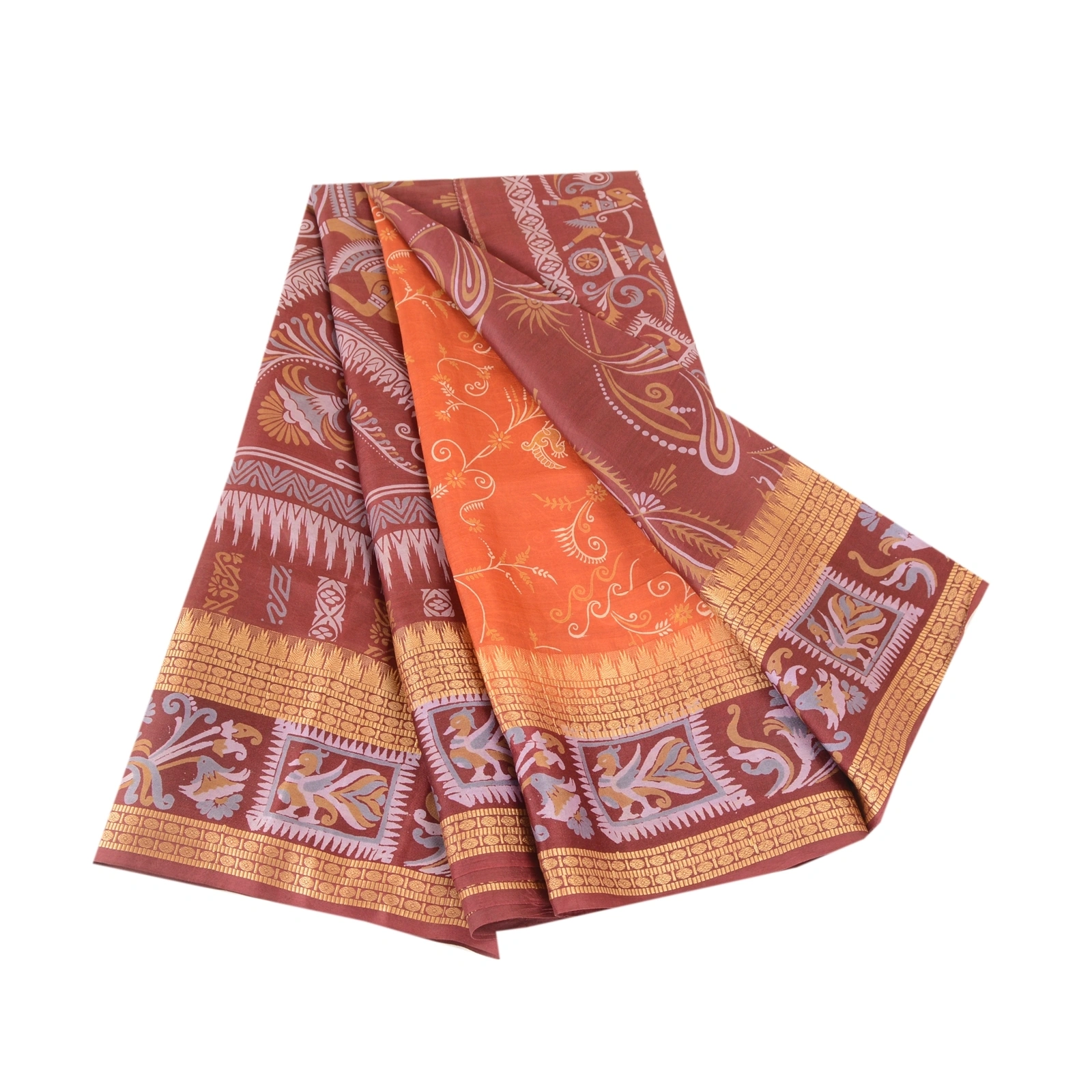 Sanskriti Vintage Orange Pure Silk Sarees Human Animal Printed Sari Craft Fabric, PR-57331-Orange-Printed Floral Design-Pure Silk-7