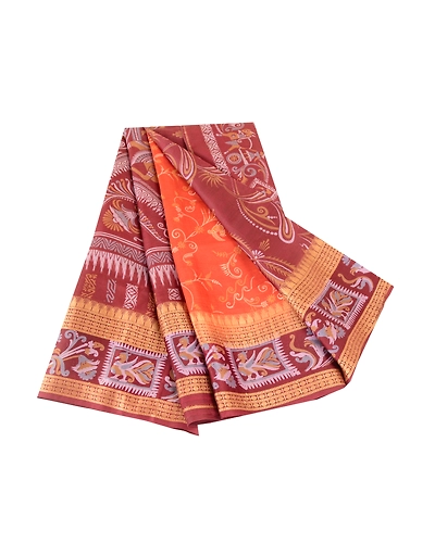 Sanskriti Vintage Orange Pure Silk Sarees Human Animal Printed Sari Craft Fabric, PR-57331-Orange-Printed Floral Design-Pure Silk-7