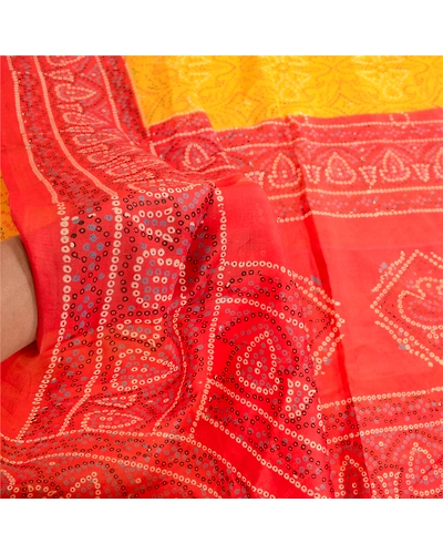 Sanskriti Vintage Bandhani Canary Yellow Pure Silk Sarees Printed Sari Fabric, PR-57346-Canary Yellow-Printed Floral Design-Pure Silk-5