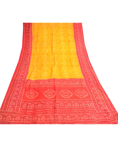 Sanskriti Vintage Bandhani Canary Yellow Pure Silk Sarees Printed Sari Fabric, PR-57346-Canary Yellow-Printed Floral Design-Pure Silk-7