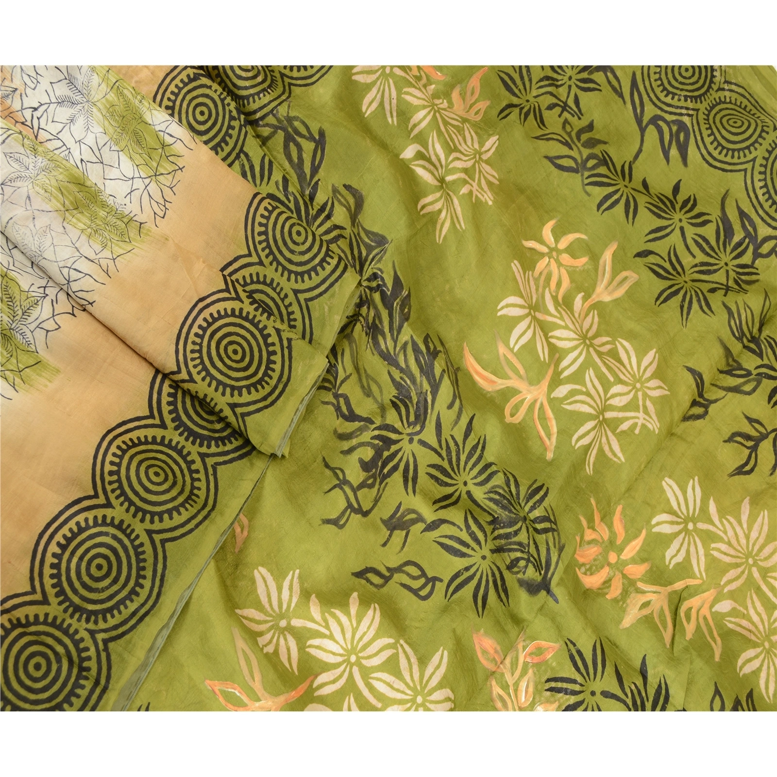 Sanskriti Vintage Green Indian Pure Silk Sarees Print Sari 5Yd Soft Craft Fabric, PR-57354-Green-Printed Floral Design-Pure Silk-1