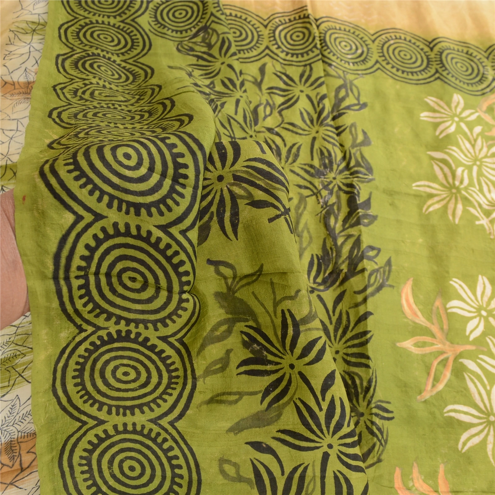 Sanskriti Vintage Green Indian Pure Silk Sarees Print Sari 5Yd Soft Craft Fabric, PR-57354-Green-Printed Floral Design-Pure Silk-5