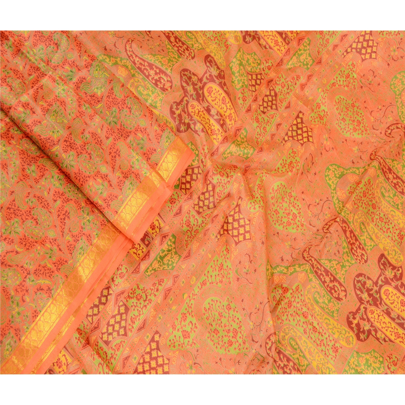 Sanskriti Vintage Orange Pure Silk Sarees Printed Zari Border Sari Craft Fabric, PR-57365-Orange-Printed Floral Design-Pure Silk-1