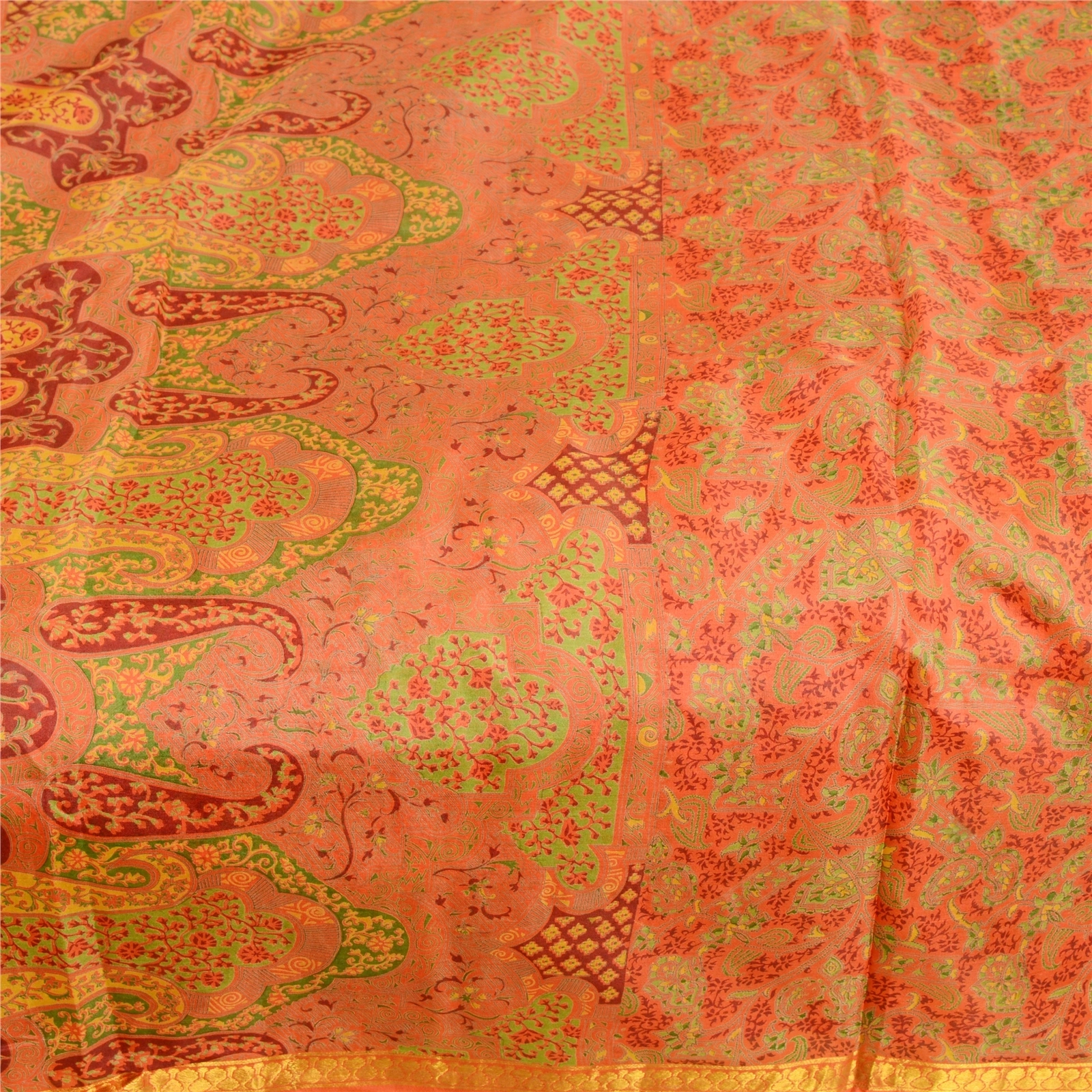 Sanskriti Vintage Orange Pure Silk Sarees Printed Zari Border Sari Craft Fabric, PR-57365-Orange-Printed Floral Design-Pure Silk-3