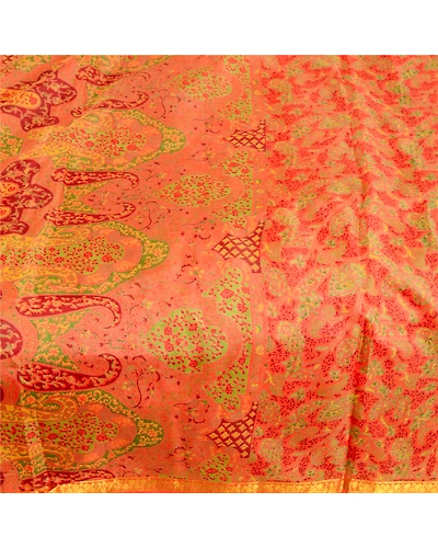 Sanskriti Vintage Orange Pure Silk Sarees Printed Zari Border Sari Craft Fabric, PR-57365-Orange-Printed Floral Design-Pure Silk-3