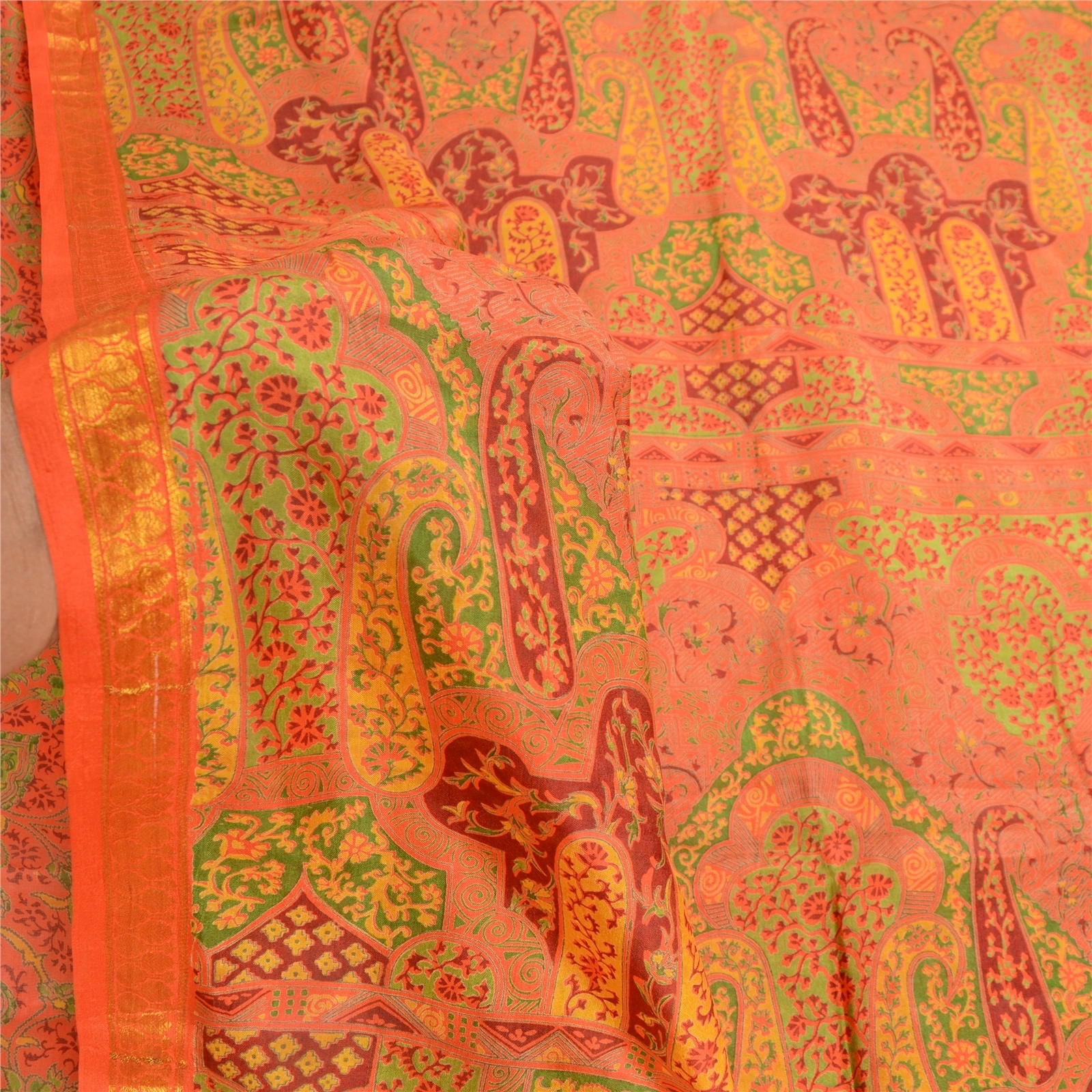 Sanskriti Vintage Orange Pure Silk Sarees Printed Zari Border Sari Craft Fabric, PR-57365-Orange-Printed Floral Design-Pure Silk-5