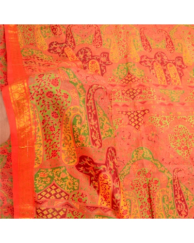 Sanskriti Vintage Orange Pure Silk Sarees Printed Zari Border Sari Craft Fabric, PR-57365-Orange-Printed Floral Design-Pure Silk-5