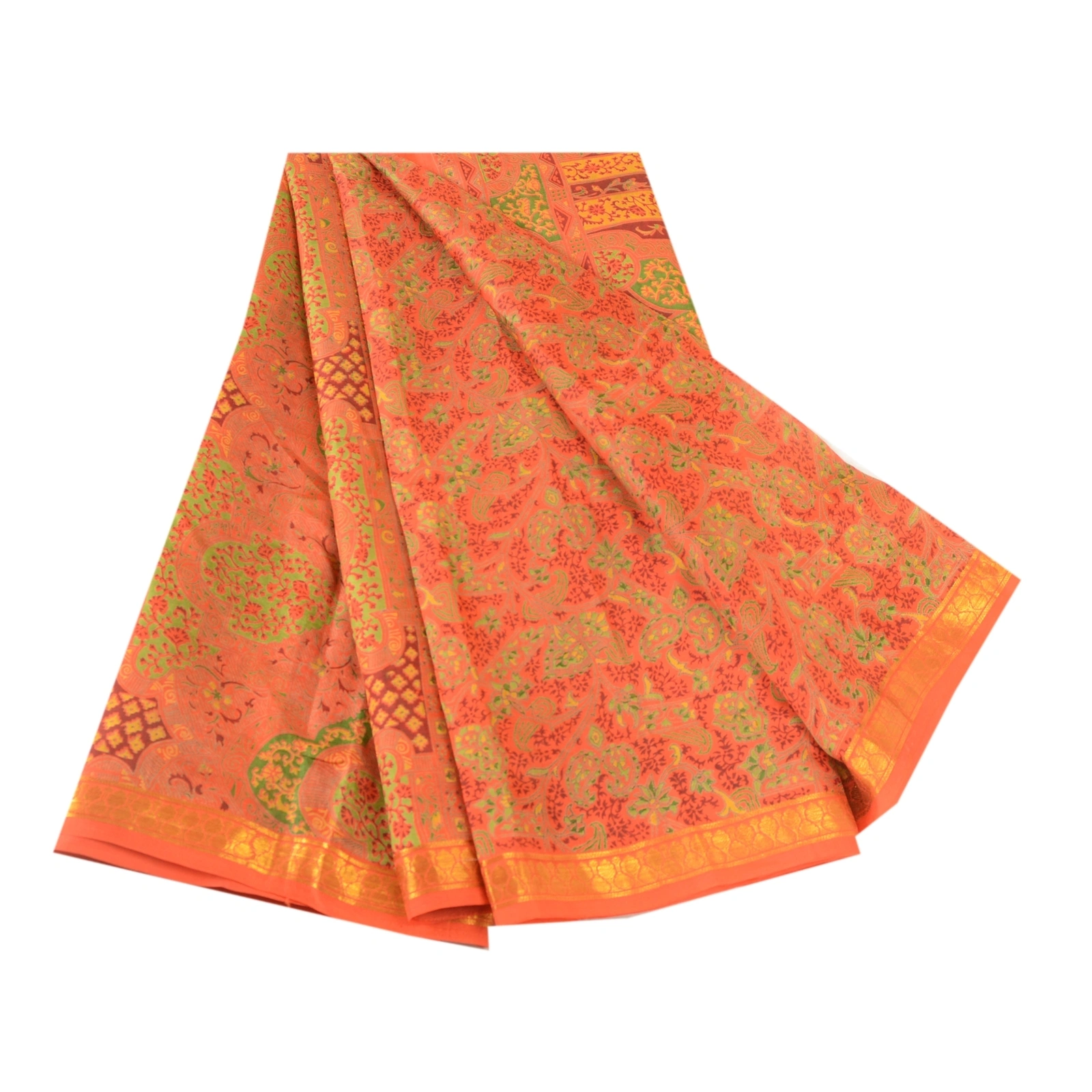 Sanskriti Vintage Orange Pure Silk Sarees Printed Zari Border Sari Craft Fabric, PR-57365-Orange-Printed Floral Design-Pure Silk-6