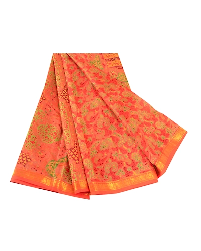 Sanskriti Vintage Orange Pure Silk Sarees Printed Zari Border Sari Craft Fabric, PR-57365-Orange-Printed Floral Design-Pure Silk-6