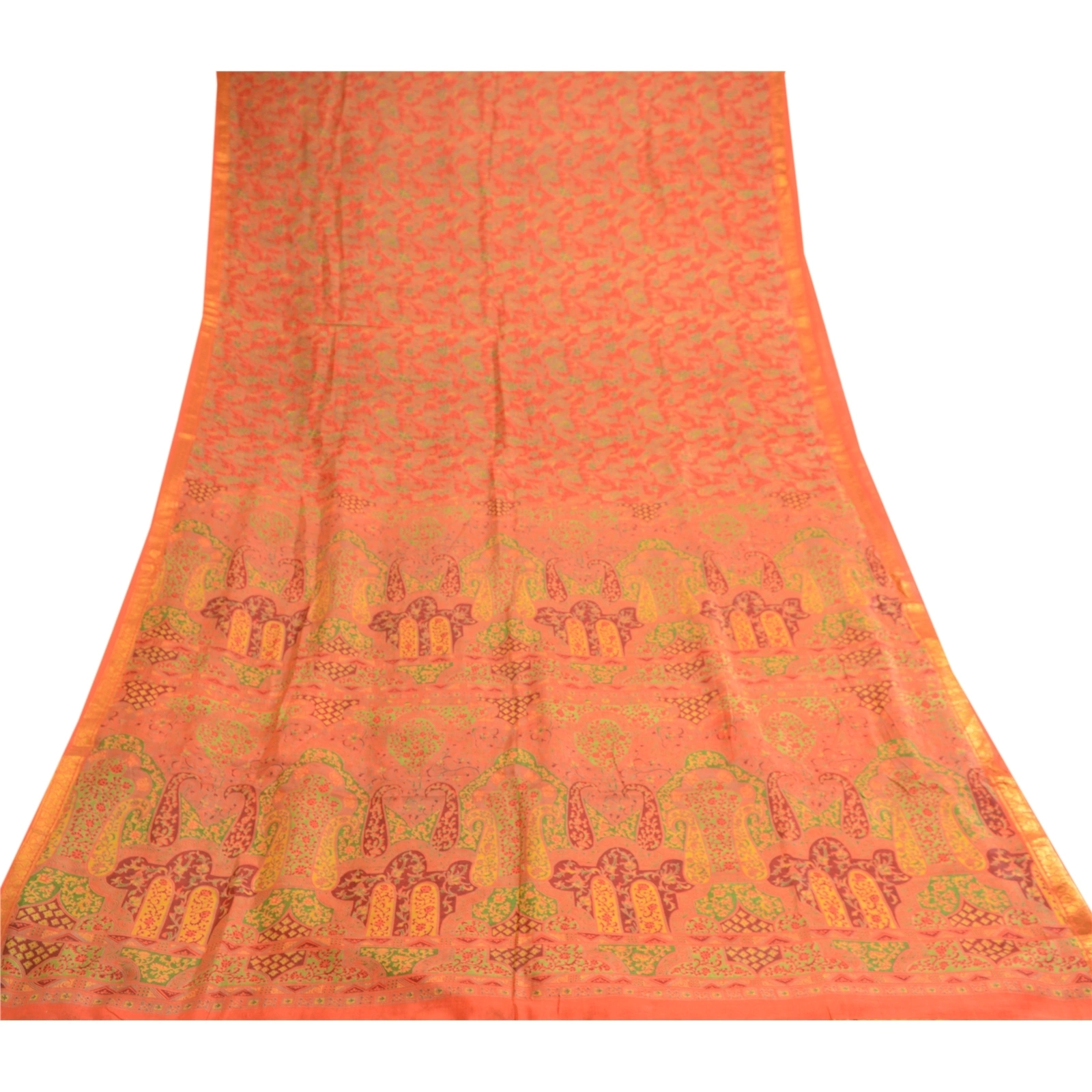 Sanskriti Vintage Orange Pure Silk Sarees Printed Zari Border Sari Craft Fabric, PR-57365-Orange-Printed Floral Design-Pure Silk-7