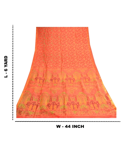 Sanskriti Vintage Orange Pure Silk Sarees Printed Zari Border Sari Craft Fabric, PR-57365-Orange-Printed Floral Design-Pure Silk-8