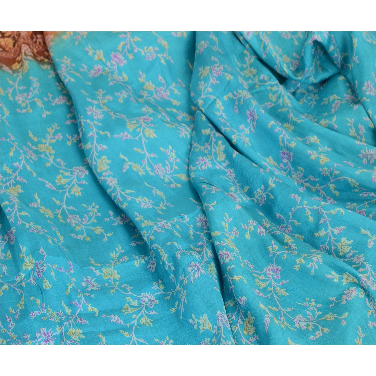 Sanskriti Vintage Blue Indian Pure Silk Sarees Printed Sari Floral Craft Fabric, PR-57458-Blue-Printed Floral Design-Pure Silk-6