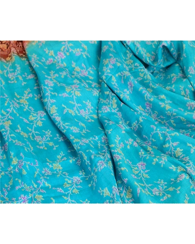 Sanskriti Vintage Blue Indian Pure Silk Sarees Printed Sari Floral Craft Fabric, PR-57458-Blue-Printed Floral Design-Pure Silk-6