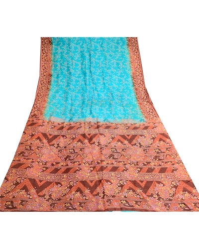 Sanskriti Vintage Blue Indian Pure Silk Sarees Printed Sari Floral Craft Fabric, PR-57458-Blue-Printed Floral Design-Pure Silk-8
