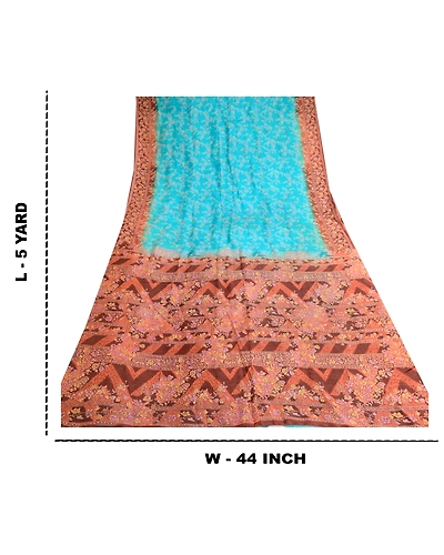 Sanskriti Vintage Blue Indian Pure Silk Sarees Printed Sari Floral Craft Fabric, PR-57458-Blue-Printed Floral Design-Pure Silk-9