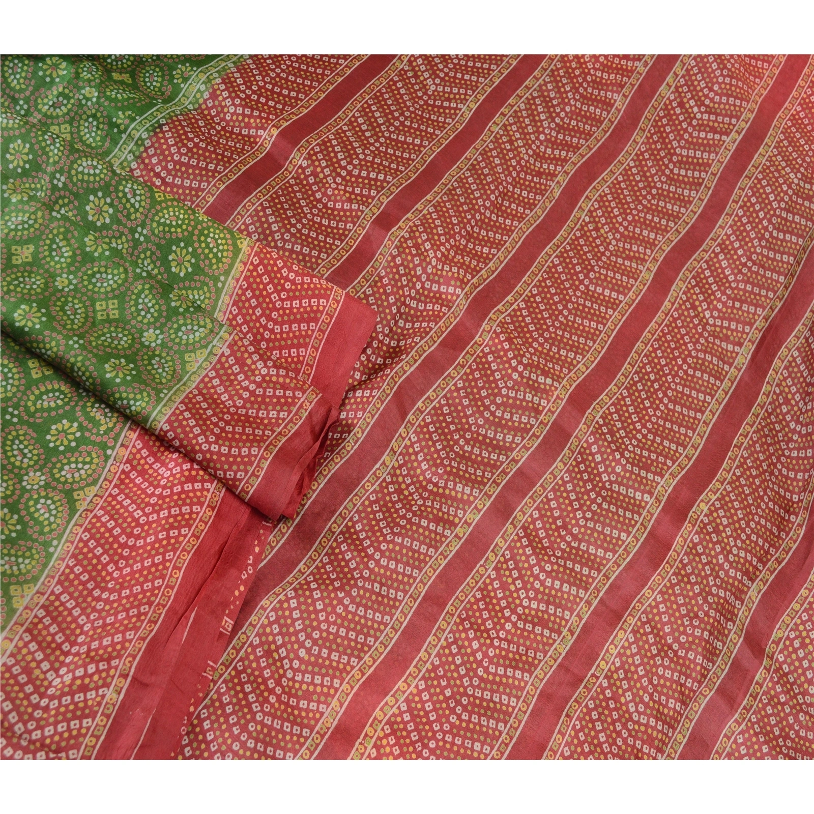 Sanskriti Vintage Green Bandhani Pure Silk Sarees Printed Sari 5Yd Craft Fabric, PR-57460-Green-Printed Floral Design-Pure Silk-1